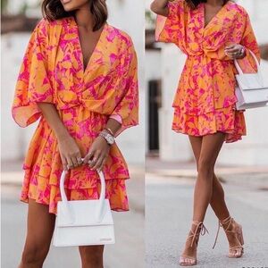 Floral Pink and Orange Wrap Dress